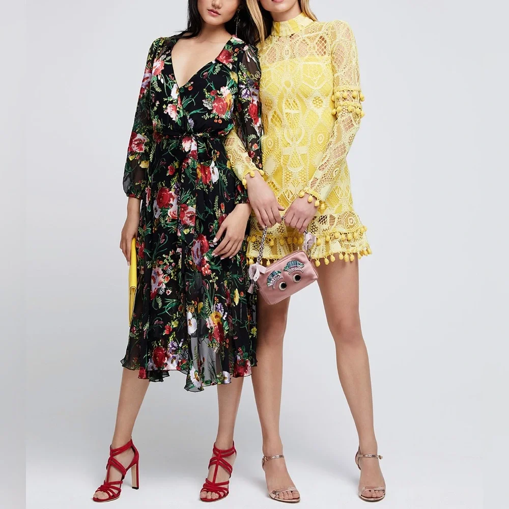 Alice + Olivia Abney Floral Black Red Collared Midi Dress - Picture 3 of 16